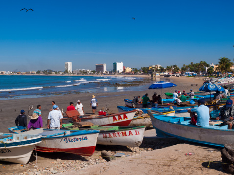 Mazatlan, Mexico - December 11, 2008: Fishing boats line a small bay while people can be seen around the boats sorting through the day's catch.