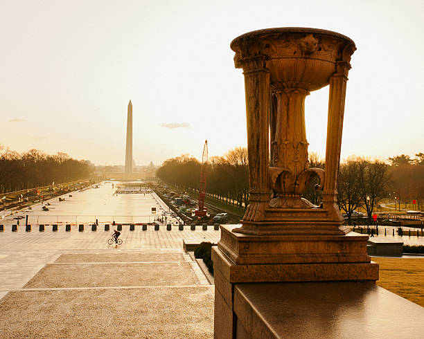Reflecting pool in Washington DC with Washington monument during summer day