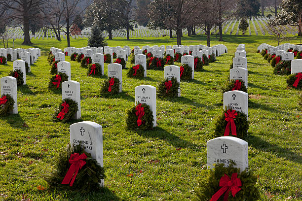 fundos wreaths no cemitério de arlington - arlington national cemetery arlington virginia cemetery national landmark imagens e fotografias de stock