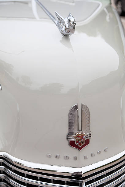 La Crescent, Minnesota, US - September 18, 2011: Restored 1941 Cadillac Fleetwood showing logo and hood ornament.