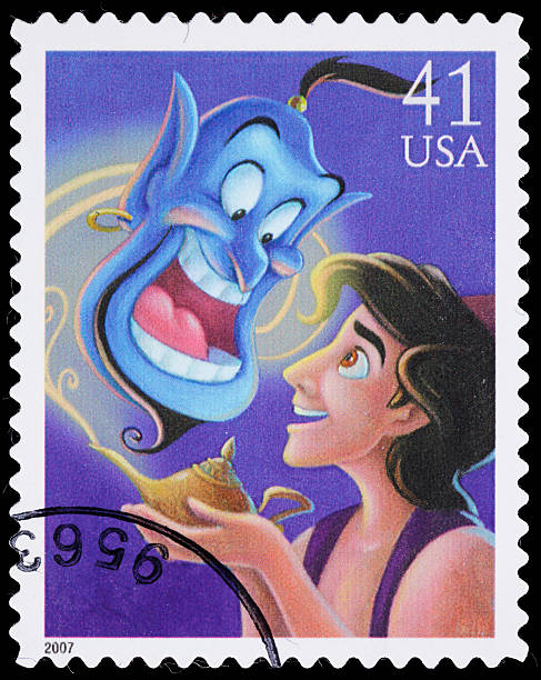 USA Aladdin and Genie postage stamp Sacramento, California, USA - May 6, 2011: A 2007 USA postage stamp with illustrations of Aladdin and Genie, the main characters from the 1992 Disney animated film Aladdin. magic lamp photos stock pictures, royalty-free photos & images