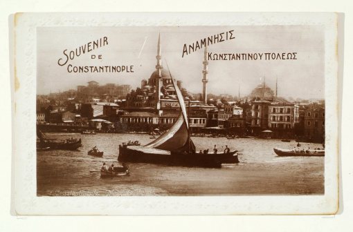İstanbul,Turkey - March 01, 2008:Old istanbul bosphorus (old postcard). Eminönü district front of passenger ship.