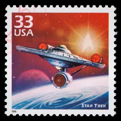 Sacramento, California, USA - January 17, 2011: A 1999 USA postage stamp showing the starship Enterprise from the 1966 debut of the Star Trek (TM) television series. Star Trek is a registered trademark of Paramount Pictures / Viacom, Inc.
