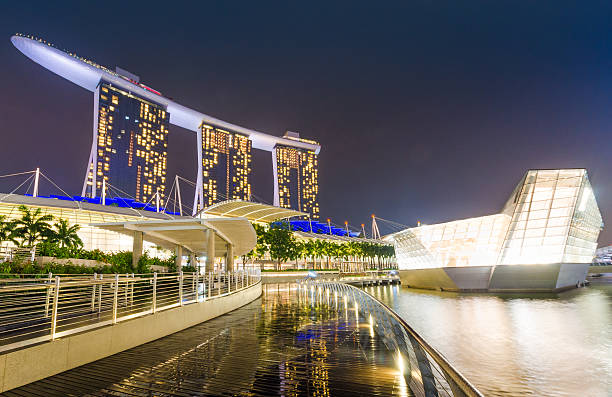 paisaje de singapur marina bahía noche - merlion singapore marina bay lighting equipment fotografías e imágenes de stock