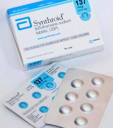 Las Cruces, New Mexico, USA - May 18, 2011: This is a packet of Synthroid (levothyroxine sodium tablets, USP, 137 mcg)--a hormone commonly prescribed for low thyroid function (hypothyroidism). Synthroid is the name brand product of Abbott Laboratories.