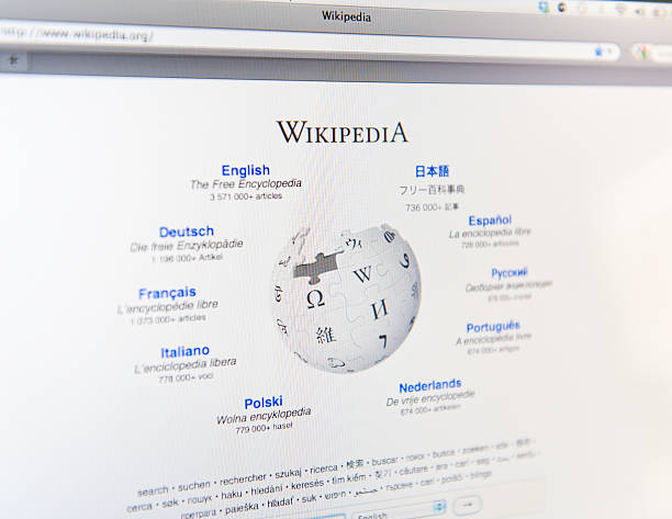 Wikipedia Toronto, Canada - March 6, 2011: Close up of Wikipedia\'s main page on an LCD computer monitor. Wikipedia is a collaborative, web-based encyclopedia. wikipedia stock pictures, royalty-free photos & images