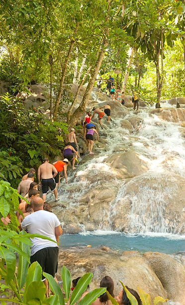 Dunn's River Falls in Ocho Rios, Jamaica "Ocho Rios, Jamaica - July 14, 2011: Dunn's River Falls is one of Jamaica's most popular scenic destination. Visitors climb the magnificent natural waterfall as a group while being led by a tour guide." dunns river falls stock pictures, royalty-free photos & images