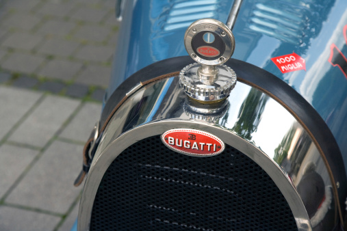 Bonn, Germany - June 19, 2011: Part of the famous racing car Bugatti built in 1929. Vintage front with focus on brands name. Seen on the classic car meeting in Bonn - Niederkassel .