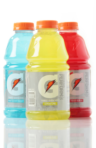 Colorado Springs, Colorado, USA - March 27, 2011: Gatorade natural flavored lemon lime, fruit punch and frost glacier freeze  against white background.
