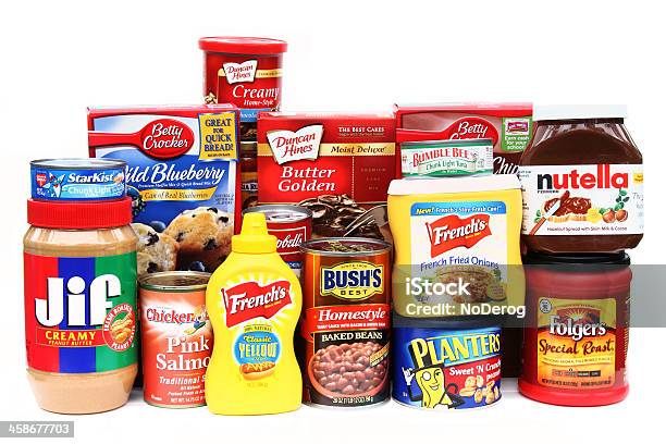 Large Selection Of Brand Name Groceries Stock Photo - Download Image Now - Peanut Butter, Can, Canned Food