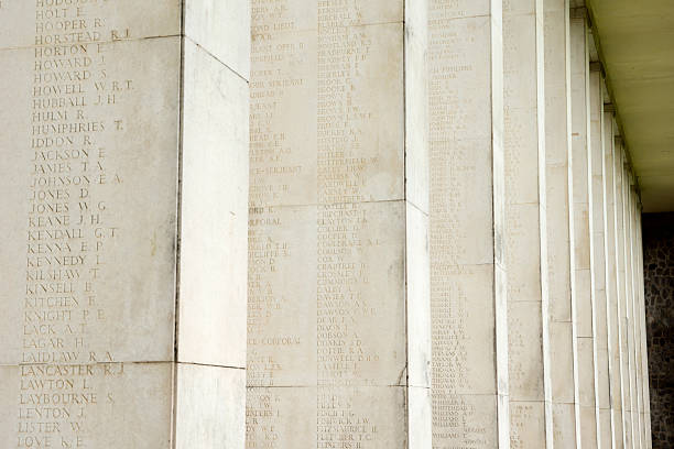 Names of fallen British soldiers on pillars "Bago, Myanmar - September 6, 2012: Names of fallen British soldiers on pillars of war memorial in Myanmar" names of marbles stock pictures, royalty-free photos & images