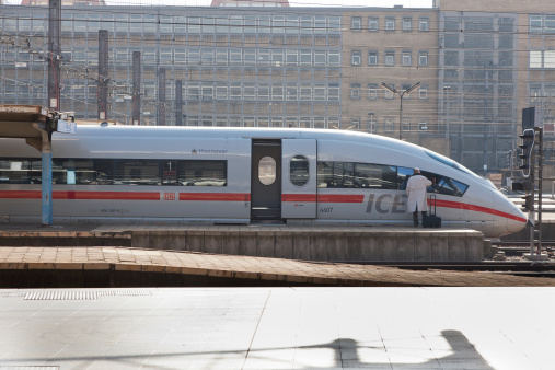 Brussels, Belgium - September 22, 2010: Deutsche Bahn ICE train at the brussels-midi station at brussles in Belgium. The Intercity-Express or ICE is a system of high-speed trains predominantly running in Germany and neighbouring countries.