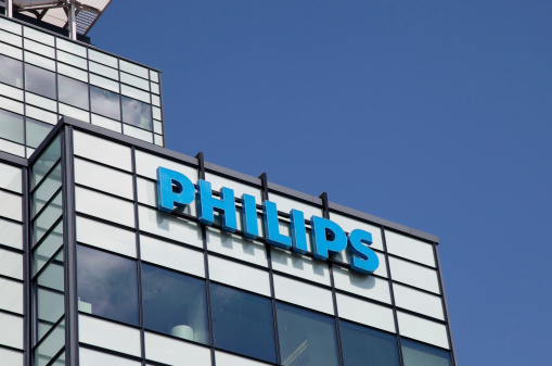 Amsterdam, The Netherlands - August 15, 2011: The logo of Philips is displayed on one of their offices in Amsterdam, the Netherlands. Philips is one of the largest electronics companies in the world.