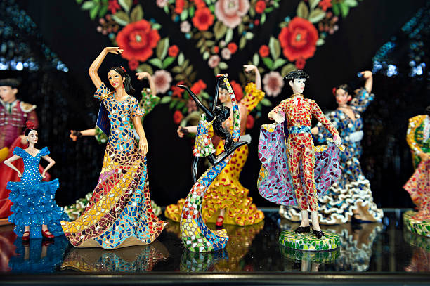 Madrid, Spain - March 6, 2011: Ceramic figures in the window of a typical souvenir from Spain
