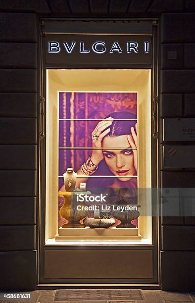 Bulgari Shop Window At Night Florence Italy Stock Photo - Download Image Now - Bulgari, Bracelet, Brand Name