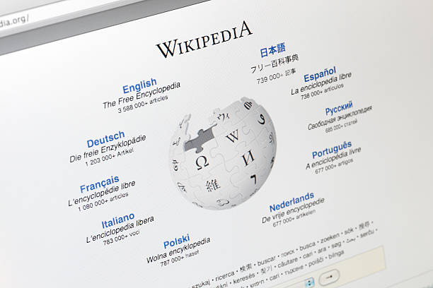 Wikipedia Homepage (www.wikipedia.org) San Diego, California, USA - March 21, 2011: A close-up of the Wikipedia homepage (www.wikipedia.org) shown in a Firefox web browser. Wikipedia is a collaborative online encyclopedia created by volunteers with articles in over 279 different languages, of which the most widely used are demonstrated here on its homepage. wikipedia stock pictures, royalty-free photos & images