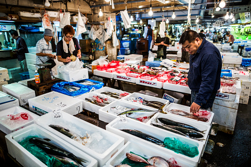 Tokyo, Japan - October 6, 2012: Buyers and sellers at the Tsukiji fish market in Tokyo. With an annually estimated turnover of 5.5 billion dollars and more than 60.000 workers ,this is the biggest wholesale and seafood market in the world.  With more than 2000 tons of seafood handled daily it is said that any eatable seafood can be found here. Because the installations are getting old and the space is getting too small for this numbers there are plans to move the market to another placement in 2014.