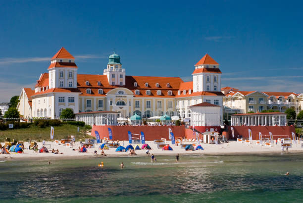 Pier with restaurant in Sellin at dusk, Baltic Sea, R