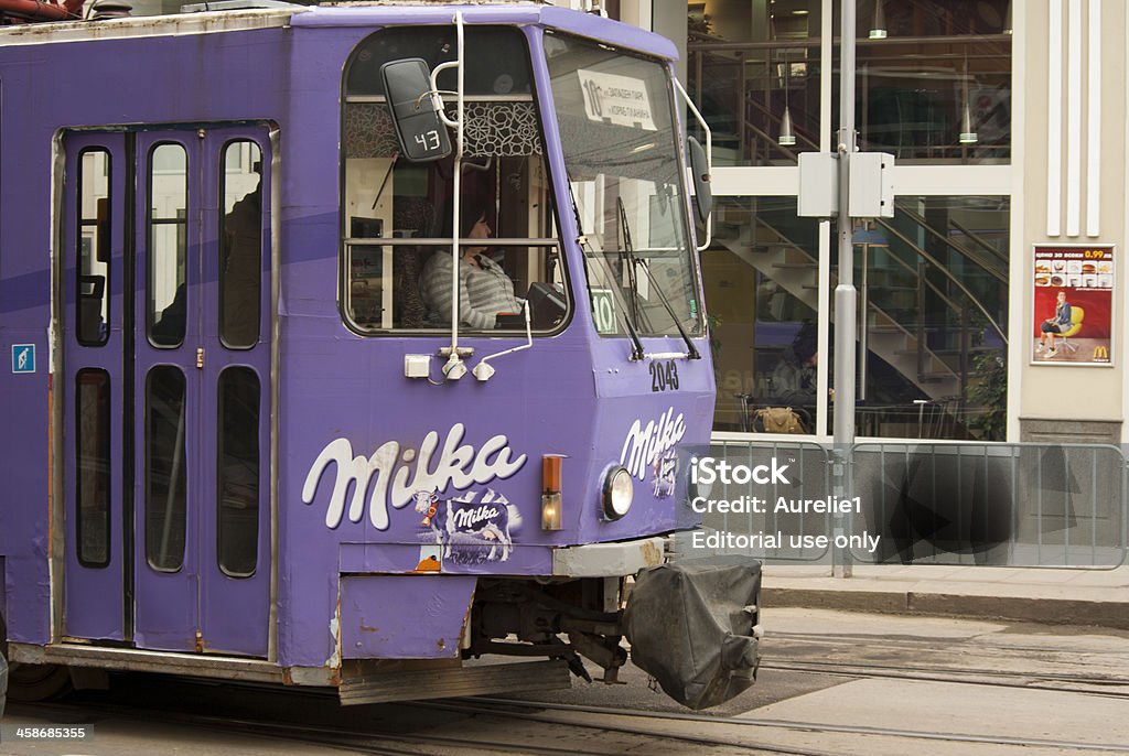 Milka tram "Sofia, Bulgaria - March 10, 2012: The typical tramway of Slavic countries is going through the city" Bulgaria Stock Photo
