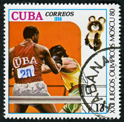 Richmond, Virginia, USA - November 4th, 2011:  Cancelled Stamp From Cuba Showing A Cuban Boxer At The 1980 Olympics Held In Moscow.