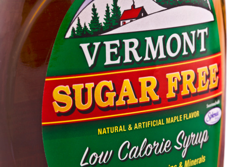 Galloway, New Jersey, USA - April 14, 2011: A bottle Vermont, sugar free, low calorie, maple flavor syrup. They are a proud supporter of Children with Diabetes