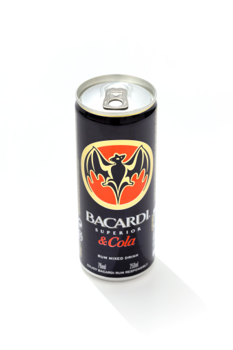 Trebnje, Slovenia - October 30, 2011: A can of Bacardi superior Cola on a white background with shadow .Rum mixed drink.