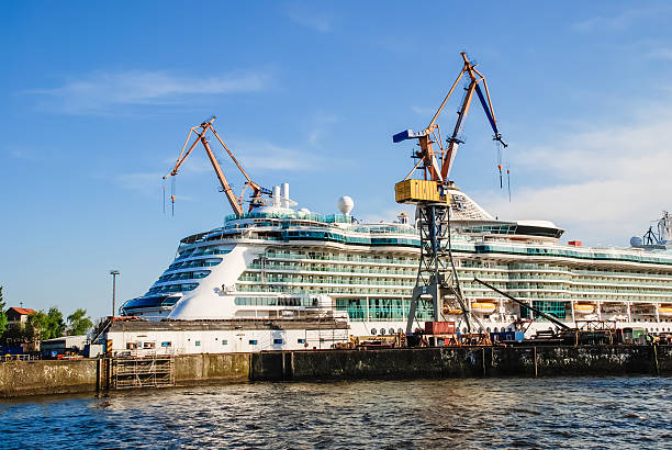 Cruise Ship in the dock Hamburg, Germany - May 4, 2008:  A cruise ship will be repaired in the dock of Blohm and Voss in the harbor of Hamburg. level luffing crane stock pictures, royalty-free photos & images