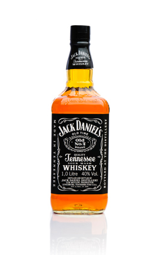 Istanbul, Turkey - July 08, 2011: An unopened bottle of Jack Daniels Whiskey. Jack Daniel\'s is a brand of sour mash Tennessee whiskey that is among the world\'s best-selling liquors.