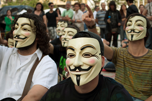 Valencia, Spain, June 11th 2011. Anonymous members in a demonstration in Valencia, protest against the police arrest of some members of this organitation.