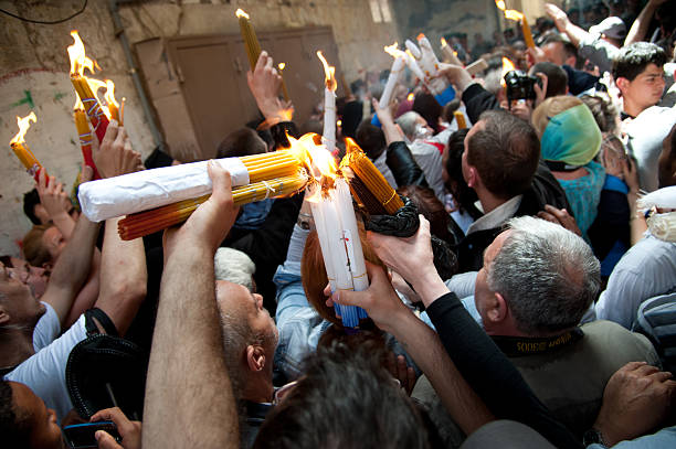 Orthodox Christians celebrate Easter rite of Holy Fire in Jerusa stock photo