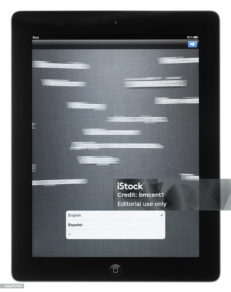 초기 구성 뉴 iPad 3, 스크롤링하십시오 환영 메시지 - 로열티 프리 iPad 스톡 사진