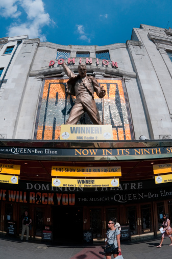 London, United Kingdom - April 22, 2011: Front entrance of the We Will Rock You musical at Tottenham Court Road, London. People walking past theatre. We Will Rock You is a musical based on the songs from the band Queen. It has been shown in London since 2002 and has been a success around the world.