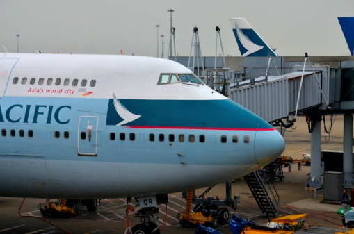 Photo of an airplane before taking off, pictured on the ground at the airport runway.