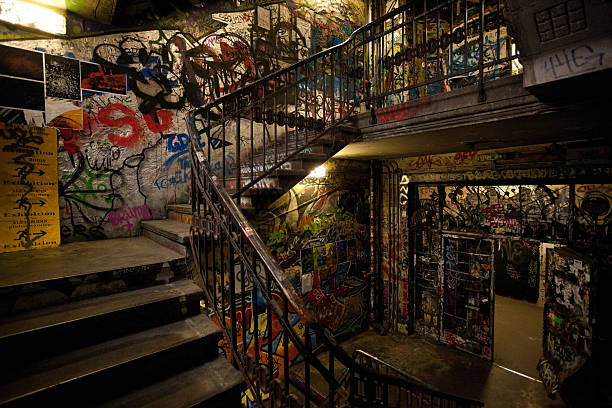 New York, United States - January 13, 2012: Graffiti painted in staircase in DUMBO neighbourhood in Brooklyn New York. It is an historic district that has two sections. The one in the photo is the part that is between the Brooklyn and Manhattan bridge. Initially a manufacturing district plenty of lofts it is now a residential neighbourhood with many artists and gallery spaces.