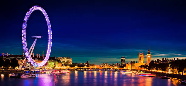 City of London at twilight "London, England -September 18, 2010: Night image of London. Includes the London eye, County Hall, Westminster Bridge, Big Ben and Houses of Parliament." london county hall stock pictures, royalty-free photos & images