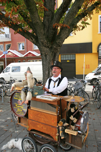 Offenbach, Germany - September, 3rd 2010: Shot of a barrel organist complete with a large percussion, two moveable stuffed plush monkeys  and his two dogs. In the shadow of a large chestnut tree he sings, tells jokes and funny stories and asks his audience to make a donation for the preservation of the barrel organ-culture.