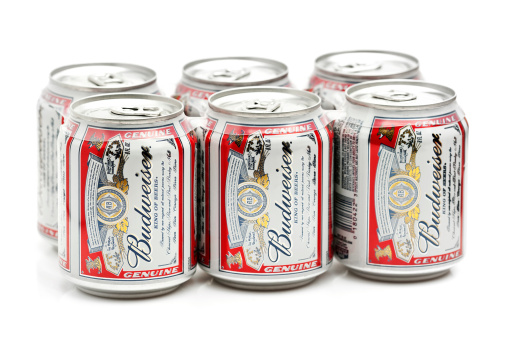 Miami, Florida, USA - February 23, 2011: Six pack of Budweiser Beer, six 8 ounces cans of Made in USA Budweiser brand Lager Beer on white background.