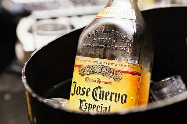 Jose Cuervo Especial tequila chilling in ice bucket Cape Town, South Africa - April 2, 2010: A bottle of Jose Cuervo Especial tequila chills in a bucket of ice, ready for the party tp begin. blue agave photos stock pictures, royalty-free photos & images