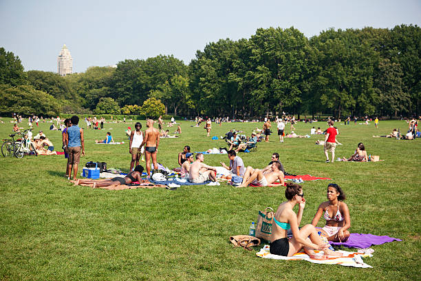 Defocused view of sunset spectators at Toronto's riverdale park