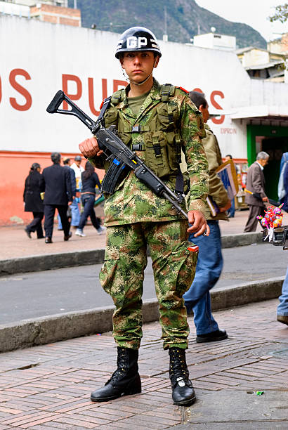 Bogota, Colombia - May 28, 2009: A Colombian soldier who is a member of the Presidential Guard stands on duty at a street corner near the Presidential Palace