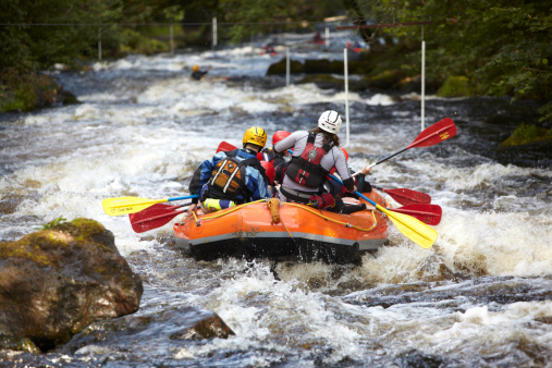 River Tryweryn, Bala, North Wales, Britain - September 11, 2009: whitewater raft and people on river