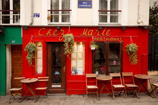 Paris, France - April 8, 2010: Outdoor view of Chez Marie Restaurant  located in Rue Gabrielle in Montmartre, Paris, France.