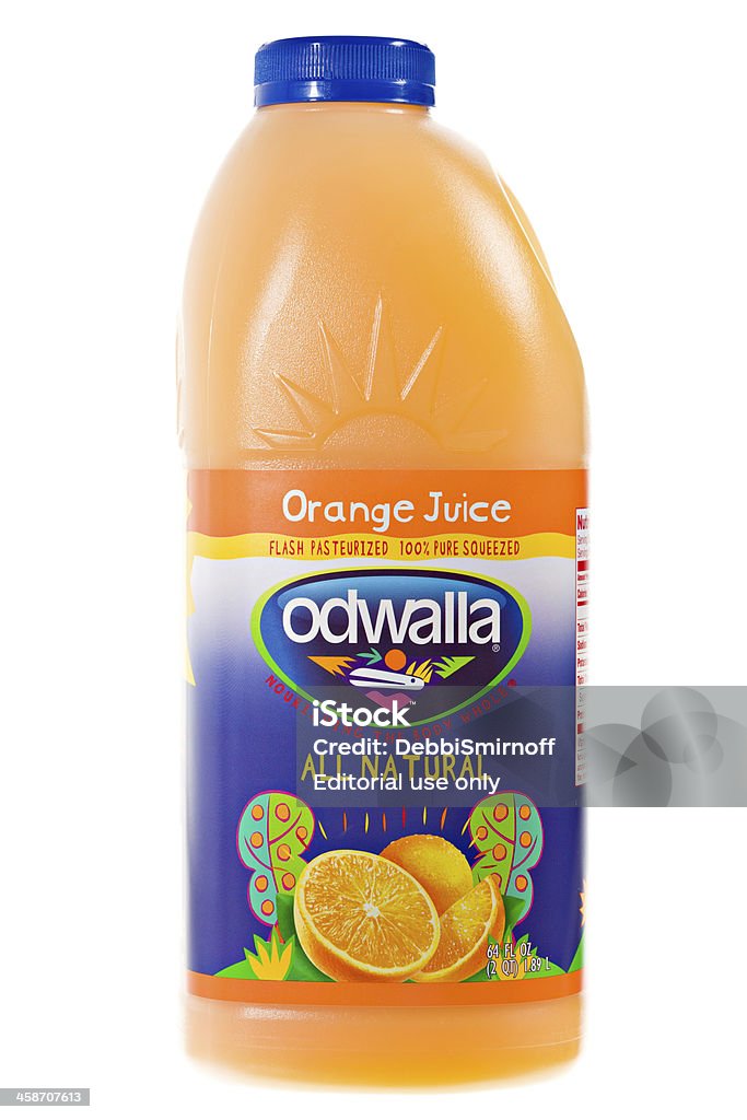 Odwalla Orange Juice. Chico, California, USA- March 05,2011: A 64 Fl OZ plastic jug of Odwalla all natural orange juice. Odwalla Is based in Half Moon Bay California. Odwalla is best known for it\'s natural juices,smoothies and food bars. Odwalla is a subsidiary of the Coca Cola Company. Label Stock Photo