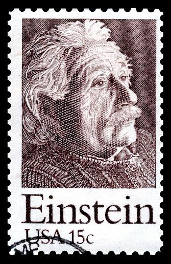 London, UK – January 29, 2012: USA postage stamp of 1979 commemorating the 100th anniversary of the birth of  Albert Einstein