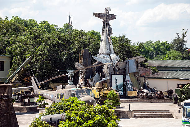 Hanoi, Vietnam - July 24, 2007: Wreckage of a U.S. aircraft, shot down during the Vietnam War, is one of the many items on display outside the Army Museum in Hanoi.