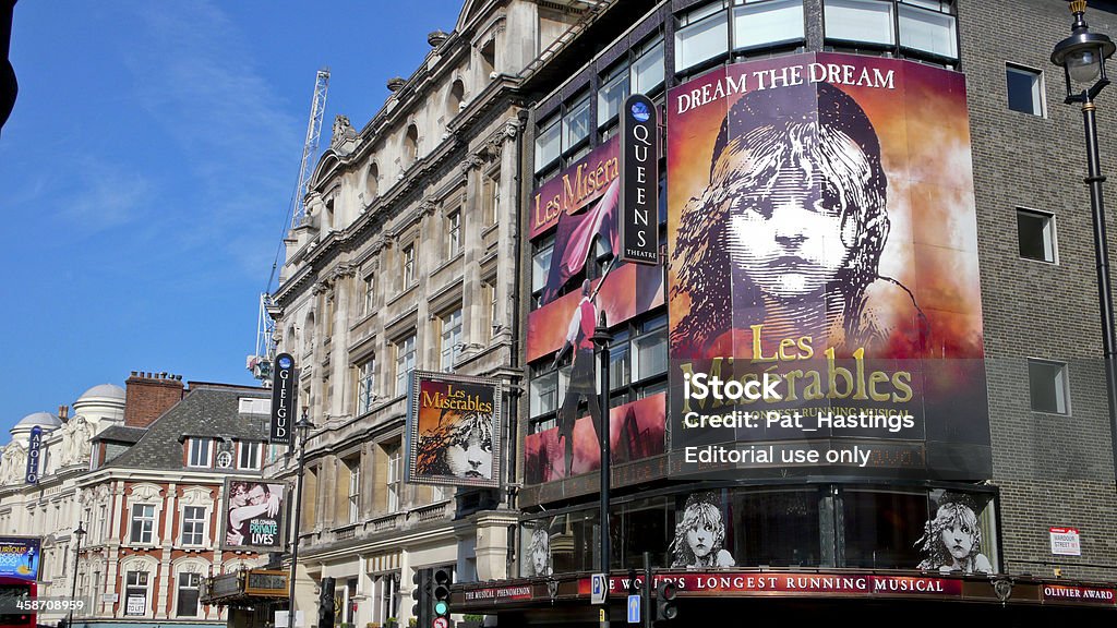 Shaftesbury Avenue. London. United Kingdom "London, United Kingdom - July 19, 2013: View from Shaftesbury Avenue of the Queen's Theater during the run of Les Miserables" Les Misérables Stock Photo