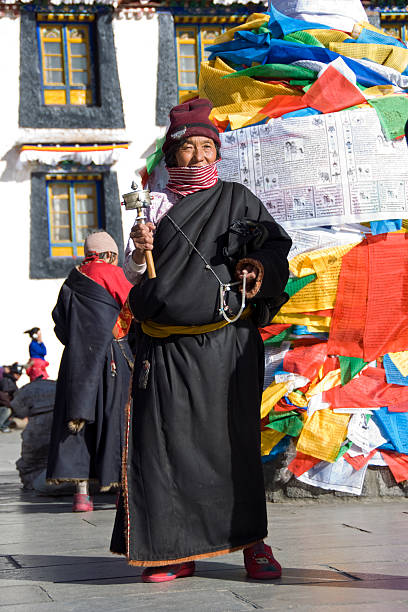 tibetano oración flags. - tibet tibetan culture buddhism writing fotografías e imágenes de stock