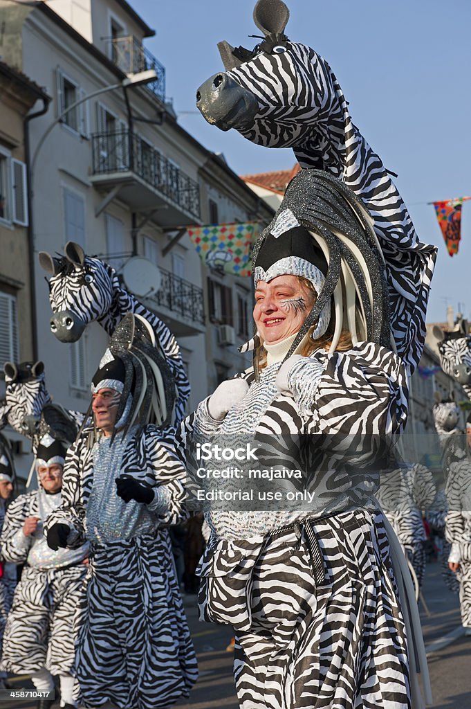 Zebra carnival costume Rijeka,Croatia-March 6, 2011:Masks of zebra in carnival procession in Rijeka. It is a traditional procession held every year. This year is a 28th with more then 100 masked groups and 9000 participants Croatia Stock Photo