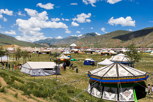 Yushu, Qinghai Province, China - July, 25 2007: traditional Tibetan tents in the campground of the Yushu Tibetan Horse Festival.