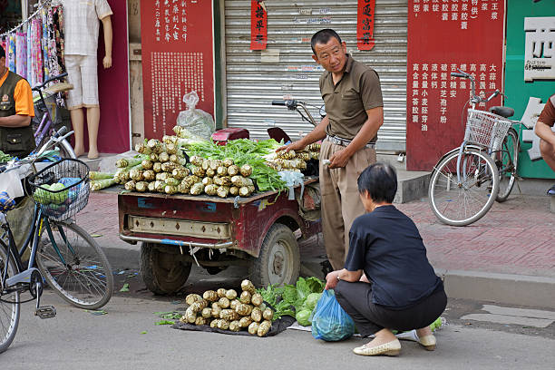 HoHot, Inner Mongolia, China - June 29, 2008: A Chinese man selling his fresh produce on a street - an example of the informal economic market of China